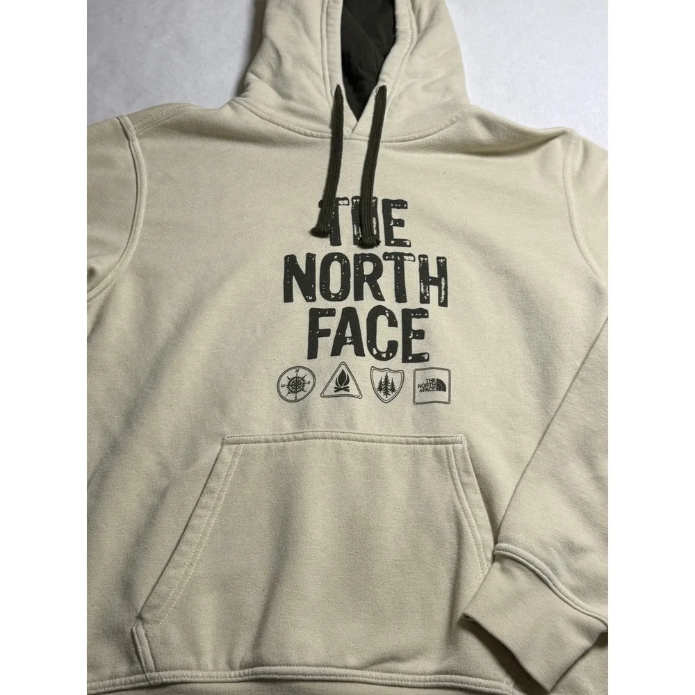 The North Face cream Mens Pullover Hoodie Medium‎ Sweatshirt graphic logo cozy